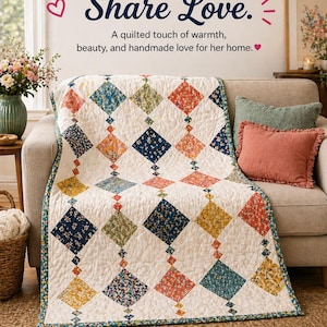 May include: A quilted throw blanket with a diamond pattern in various floral prints, including blue, orange, and yellow, is draped over a beige sofa. The text "Sew Memories. Share Love." is displayed at the top of the image.