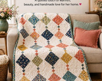 Coral Garden Quilt Pattern – Modern Diamond Throw Quilt (PDF Download) 53"x62"