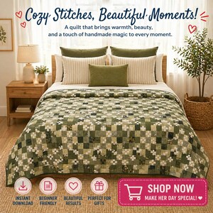May include: A bed with a green and white patchwork quilt, complemented by olive green and striped pillows. The text "Cozy Stitches, Beautiful Moments!" is at the top. A wooden nightstand with a lamp and a plant in a basket are also visible.