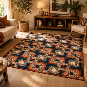 May include: A rectangular area rug featuring a geometric patchwork pattern in deep navy blue, burnt orange, and cream. The design consists of repeating square and linear blocks, with some sections displaying a small-scale floral print.