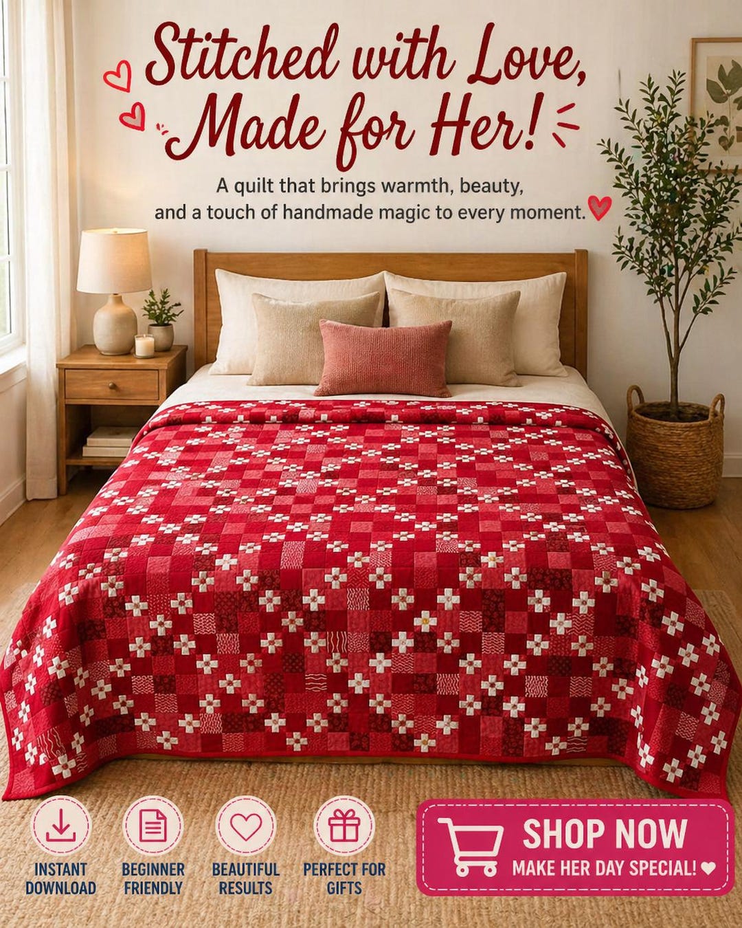 Classic Stars Quilt Pattern PDF – Multi-Size Patchwork Pattern – King 122" x 128" .