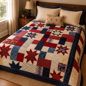 May include: A patchwork quilt featuring a repeating pattern of red, navy blue, and cream-colored fabric squares. The design incorporates multiple eight-pointed star motifs in red and blue, accented by various small-scale geometric and floral prints.