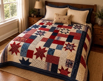 Americana Star Quilt, Patriotic Patchwork Pattern | Digital PDF, Red Navy Cream, Scrap-Friendly Bed-Size