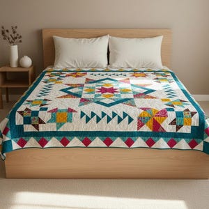 Patron de courtepointe Starbound PDF | Patchwork géométrique moderne dimensions 84"×84" (téléchargement instantané)