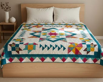 Starbound Quilt Pattern PDF | Modern Geometric Patchwork sizes 84"×84" (Instant Download)