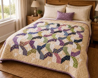 Starlight Spin Quilt, Clean Modern Floral Patchwork Pattern | PDF Sewing Template | Scrappy Piecing, 60"x72