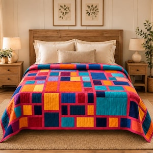 Padrão de colcha fácil, patchwork geométrico moderno | PDF, ideal para iniciantes - sem matemática complicada, 68,5" x 82,5"