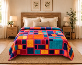 Easy Quilt Pattern, Modern Geometric Patchwork | PDF, Beginner Friendly - No Complicated Math, 68.5"x82.5