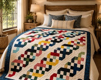 Quiltpatroon met herfstrozen (PDF), eenvoudig geometrisch patchwork (280 x 280 cm)