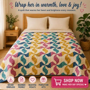 Può includere: Un letto con una trapunta colorata con un motivo geometrico nei toni del giallo, blu, rosa e verde acqua. La trapunta è su un letto con cuscini bianchi e una testiera in legno. Il testo "Wrap her in warmth, love & joy!" è visibile.
