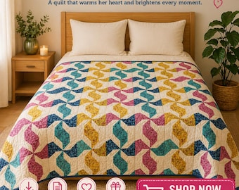 Geometric Serenity Squares Quilt Pattern | Easy Beginner Sewing (PDF),Size:52"x52"