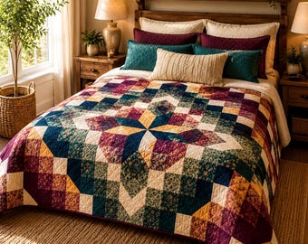 Aurora Star Quilt, Modern Patchwork Pattern | PDF Download - 108"x108" Size, Beginner Friendly