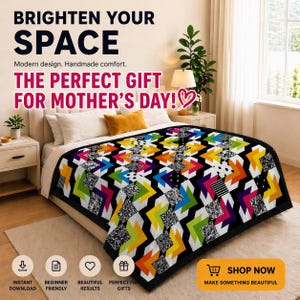 Puede incluir: Una colcha colorida con un patrón geométrico en negro, blanco, amarillo, verde, rosa y morado. Se ve el texto "BRIGHTEN YOUR SPACE" y "THE PERFECT GIFT FOR MOTHER'S DAY!"