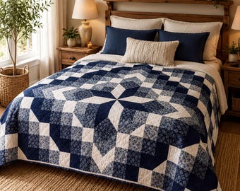Colcha Aurora Star, Patchwork Moderno para Iniciantes | Molde em PDF, Tons de Baixo a Alto Contraste | 108x108