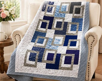 Patrón de colcha Midnight Frames, patchwork geométrico fácil (PDF) Tamaño: 56" x 72"