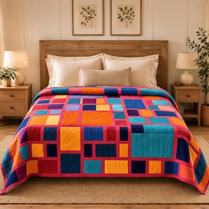 Easy Quilt Pattern, Modern Geometric Patchwork | PDF, Beginner Friendly - No Complicated Math, 68.5"x82.5