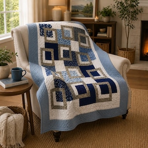 Midnight Frames Quilt Pattern, Easy Geometric Patchwork (PDF)Size:56"x72"
