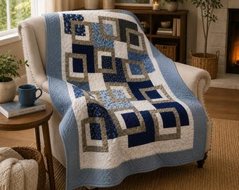 Midnight Frames Quilt Pattern, Easy Geometric Patchwork (PDF)Size:56"x72"