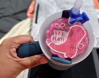 Yeehaw Cutie 30oz Stanley Lid Topper – Pink Cowgirl Boot & Glitter Bow Western Charm
