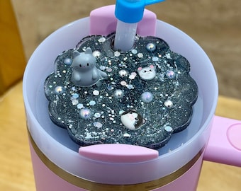 Cute Galaxy Kitty Straw Topper for Stanley Quencher H2.0 30 oz | Handmade Glitter Resin Cup Charm | Reusable Straw Accessory