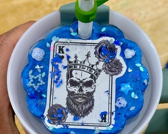 Cold-Blooded King | 40oz Stanley Lid Plate | Blue Resin Skull King of Spades with Roses & Stars