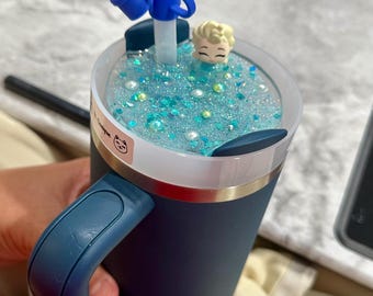 Let it Glow Lid Topper (Fits Stanley 30oz) – Sparkly Blue Glitter Resin, Pearls & Elsa Charm