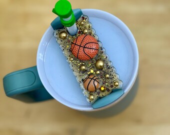 Basketball Glitter Tumbler Topper – Made to Fit Stanley Quencher 2.0 40oz | Basketball Mom Cup Accessory | Sports Straw Topper | Game Day