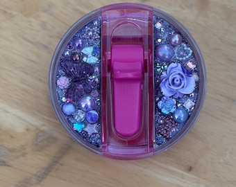Dark Purple Stanley ProTour 40 oz Flip Straw Topper | Handmade Glitter Tumbler Lid Decor | Purple Floral & Butterfly Lid Charm