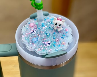 Cute White Cat Straw Topper for Stanley Quencher H2.0 40 oz | Glitter Resin Cup Accessory | Handmade Kawaii Tumbler Charm