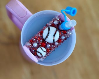 Baseball Glitter Tumbler Topper – Made to Fit Stanley Quencher 2.0 30oz | Baseball Mom Cup Charm | Sparkly Straw Topper | Red & White Gems