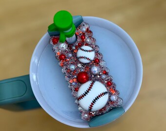 Baseball Glitter Tumbler Topper – Made to Fit Stanley Quencher 2.0 40oz | Baseball Mom Cup Charm | Sparkly Straw Topper | Red & White Gems