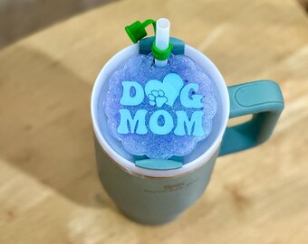 Dog Mom Tumbler Topper for 40oz Stanley Cup – Glitter Lid Charm with Paw Print & Heart – Custom Stanley Accessory for Pet Lovers