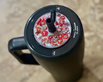 Red Coquette Brumate Era Topper | Cherry, Bow & Heart Rhinestone Lid Cover | Handmade Glitter Tumbler Accessory | NaNeys
