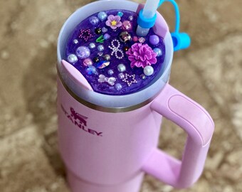 Purple Floral Glitter Tumbler Topper for Stanley Quencher 2.0 30oz | Pearl & Rhinestone Resin Lid Cover | Kawaii Cup Charm | Handmade Bling