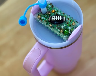 Football Glitter Tumbler Topper – Made to Fit Stanley Quencher 2.0 30oz | Football Mom Cup Accessory | Game Day Straw Topper | Green Sparkle