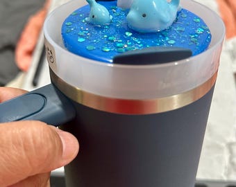 Mini Whale Pod Topper for Stanley Lid | 30oz Blue Ocean Theme | Resin Name Plate | Whale Mom & Baby | Glitter Topper for Stanley Tumbler