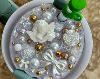 Elegant Angel Stanley Quencher 2.0 40oz Topper | Pearl & Bow Straw Topper | Coquette Cup Accessory | Luxury White Resin Lid Cover