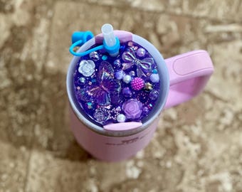 Purple Floral Glitter Tumbler Topper for Stanley Quencher 2.0 30oz | Pearl & Rhinestone Resin Lid Cover | Kawaii Cup Charm | Handmade Bling