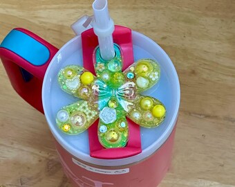 Golden Bloom Flower Straw Topper for Stanley Quencher 2.0 30oz | Handmade Resin Cup Charm | Glitter Floral Tumbler Accessory