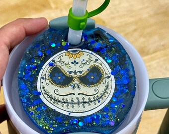 La Calavera Jack | 40oz Stanley Lid Plate | Sugar Skull Jack Skellington with Blue Glitter Resin