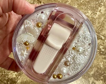 White Pearl & Gold Butterfly Tumbler Topper for Stanley ProTour 30oz | Elegant Glitter Lid Cover | Minimalist Luxe Cup Accessory | Handmade