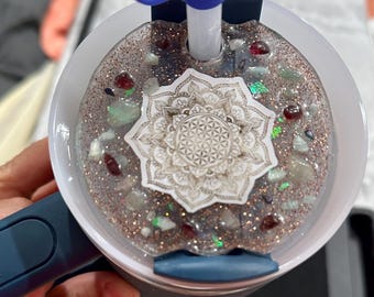Mandala Crystal Stanley Lid Topper – 30oz Resin Lid with Real Stones | Flower of Life Spiritual Design | Handmade Tumbler Accessory
