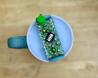 Football Glitter Tumbler Topper – Made to Fit Stanley Quencher 2.0 40oz | Football Mom Cup Accessory | Game Day Straw Topper | Green Sparkle