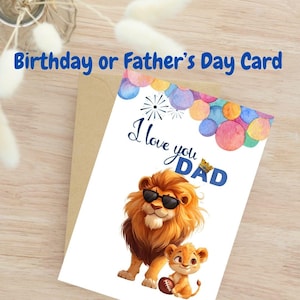 Father’s Day Printable Card, Lion Dad and Son Greeting Card, Instant Download for Dad Birthday or Father’s Day Gift, Last Minute Dad Gift