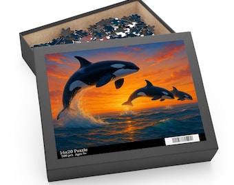 Orca Puzzle Sunset Ocean, Killer Whale Jigsaw for Adults & Kids, Perfect Gift for Sea Lovers, Relaxing Pastime