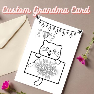 Cute Printable Mothers Day or Grandma Birthday Card, Digital Download Mother&#39;s Day Card to Color, Grandma Gift Idea with Cute Cat
