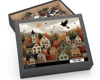 May include: A rectangular puzzle box with a black lid featuring an 8x10 illustration of a village with houses, autumn trees, a flying crow, and a sun. The text 8x10 Puzzle 120 pcs Ages 9+ is printed on the box. The box is open, revealing loose pieces.