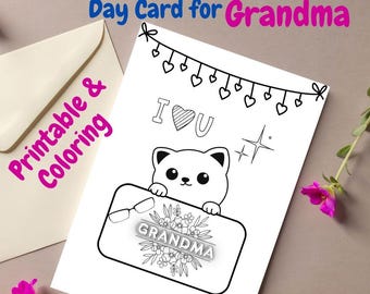 Grandma Greeting Card with Cute Cat, Grandma Birthday Card to Color, Printable Coloring Card for Grandma, Grandma Gift Idea