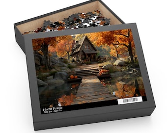 May include: A 16x20 inch, 500-piece jigsaw puzzle in a black box. The box lid features an autumn scene with a wooden cabin, a wooden dock over water, orange trees, and pumpkins. The text 16x20 Puzzle 500 pcs Ages 9+ is printed on the box lid.