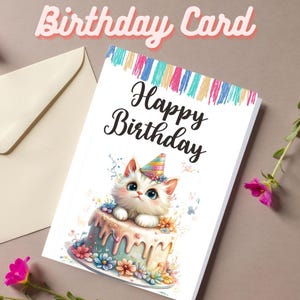 Linda tarjeta de cumpleaños imprimible kawaii para niña, hermosa tarjeta de cumpleaños con descarga digital para mujer, descarga de tarjeta de cumpleaños con gato divertido